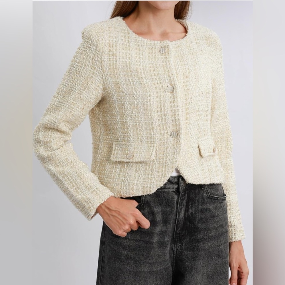 Xintianji Cropped Blazer JacketButton Sparkling Yarn Detail Decorative Pockets